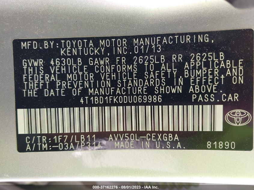 2013 TOYOTA CAMRY HYBRID LE/XLE - 4T1BD1FK0DU069986