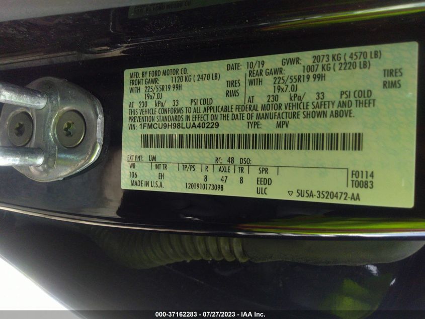 1FMCU9H98LUA40229 2020 FORD ESCAPE, photo no. 9