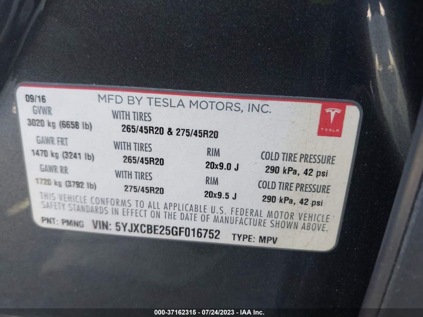 2016 TESLA MODEL X 70D/90D/75D/60D/P100D - 5YJXCBE25GF016752