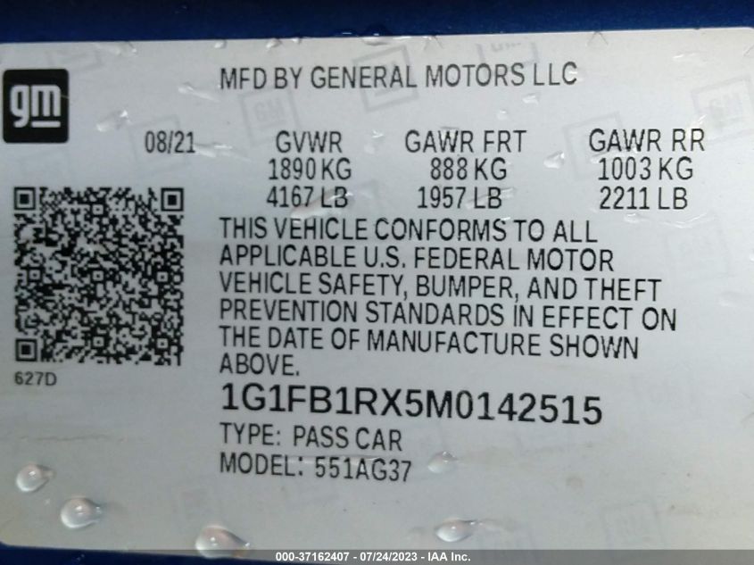 2021 CHEVROLET CAMARO 1LT - 1G1FB1RX5M0142515