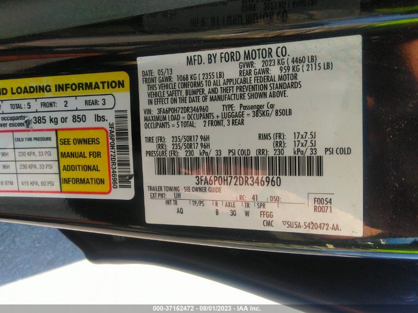 2013 FORD FUSION SE - 3FA6P0H72DR346960