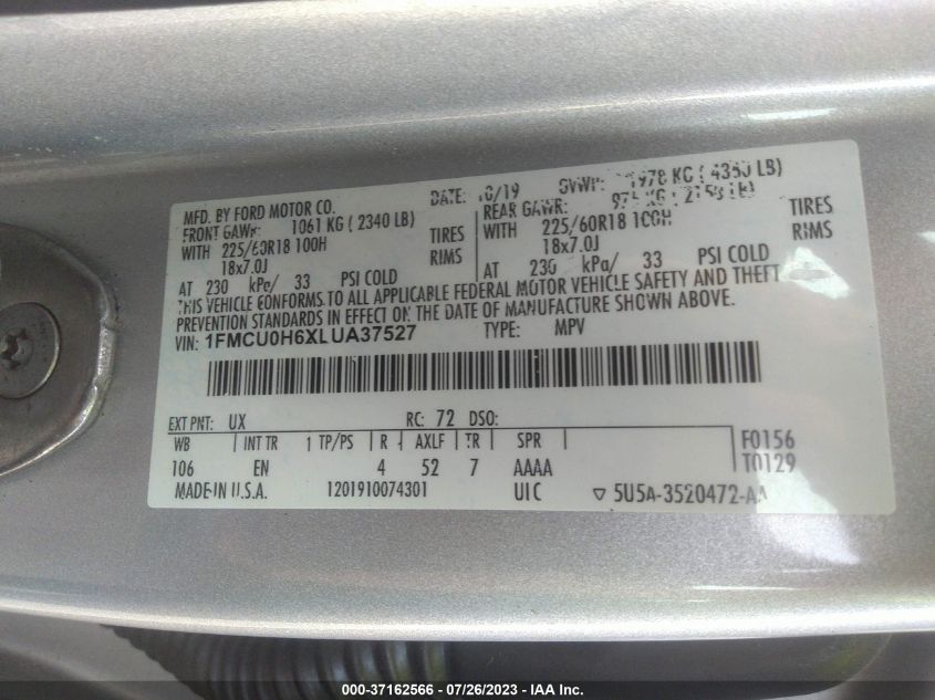 2020 FORD ESCAPE SEL - 1FMCU0H6XLUA37527