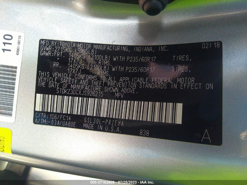 2018 TOYOTA SIENNA LE - 5TDKZ3DCXJS926215