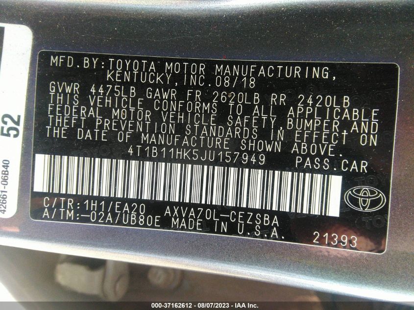 2018 TOYOTA CAMRY LE/SE/XLE/L - 4T1B11HK5JU157949
