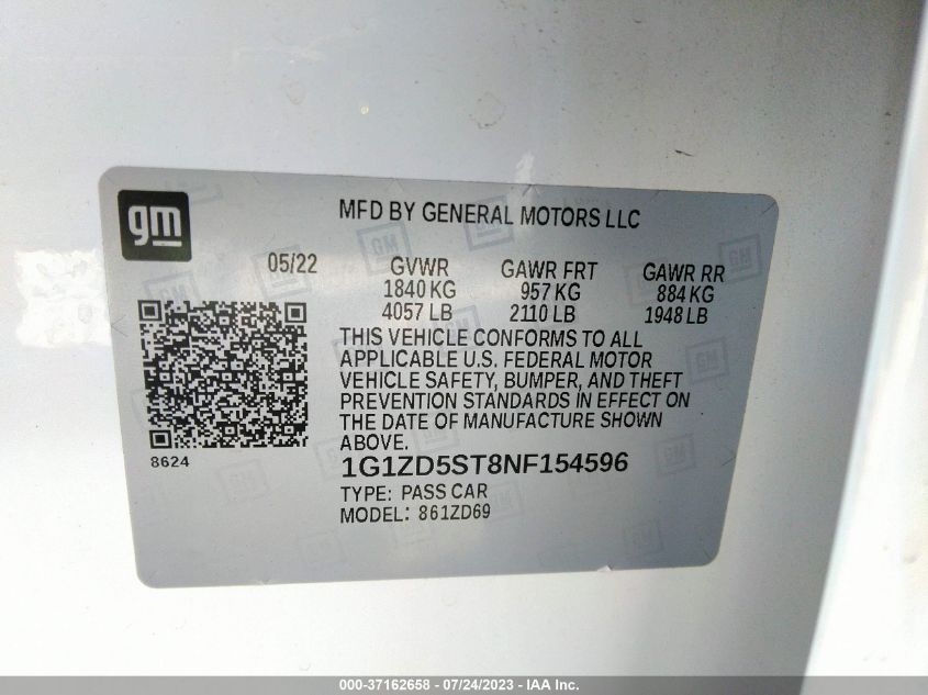 2022 CHEVROLET MALIBU LT - 1G1ZD5ST8NF154596