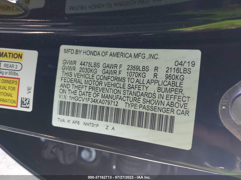 VIN 1HGCV1F34KA079712 2019 HONDA ACCORD SEDAN SPORT 1.5T
