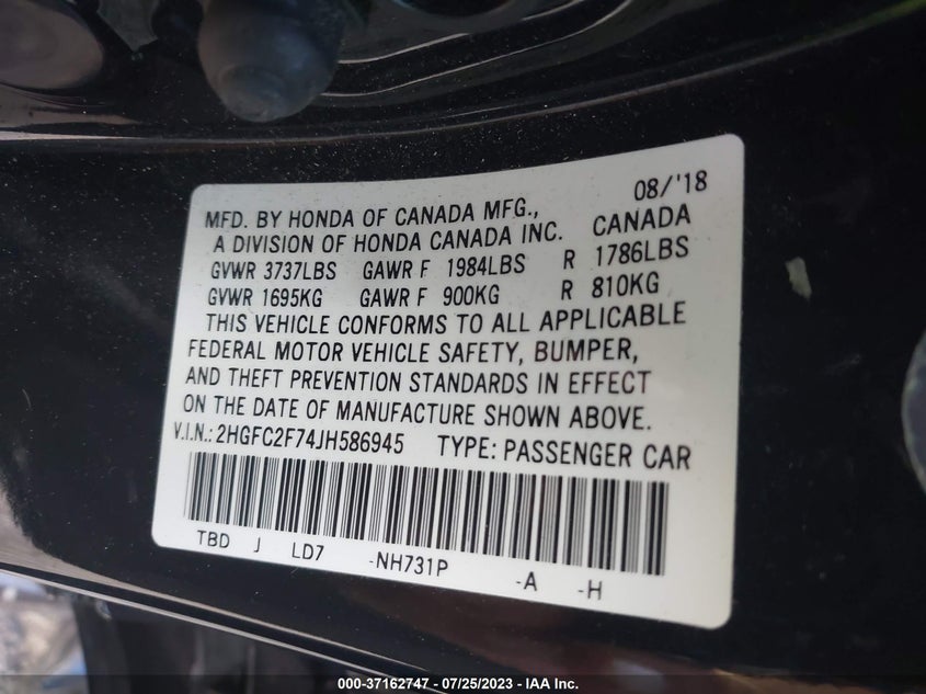 VIN 2HGFC2F74JH586945 2018 HONDA CIVIC SEDAN EX