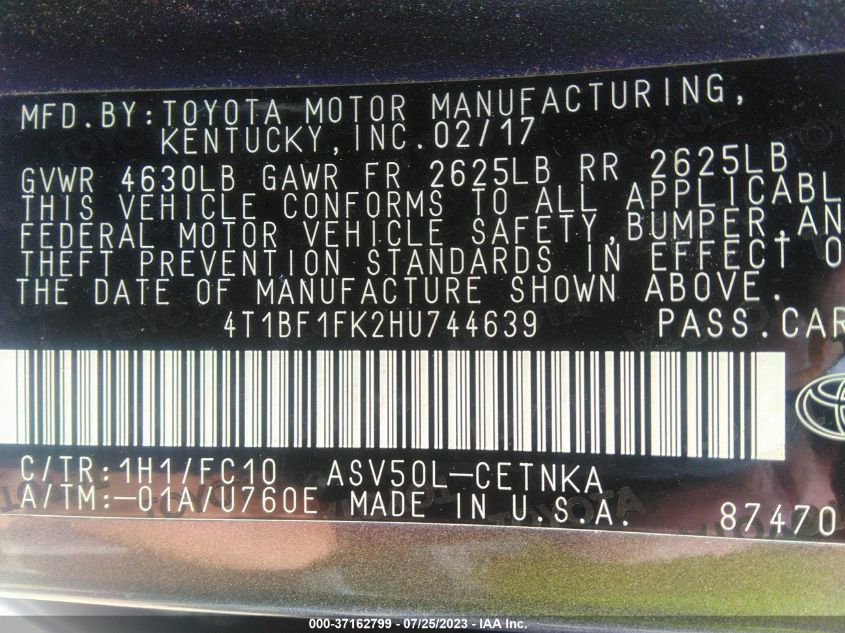 2017 TOYOTA CAMRY LE/XLE/SE/XSE - 4T1BF1FK2HU744639