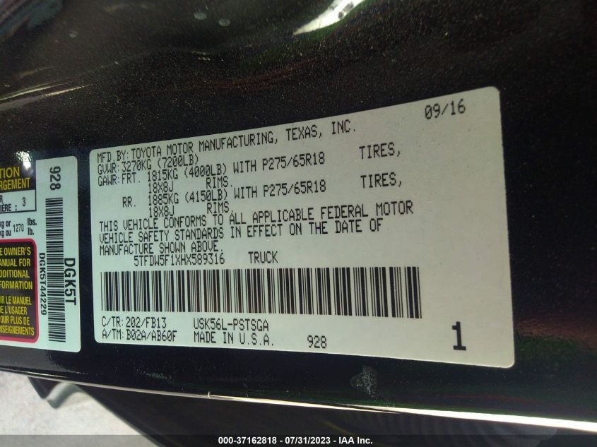 2017 TOYOTA TUNDRA 4WD SR5/TRD PRO - 5TFDW5F1XHX589316