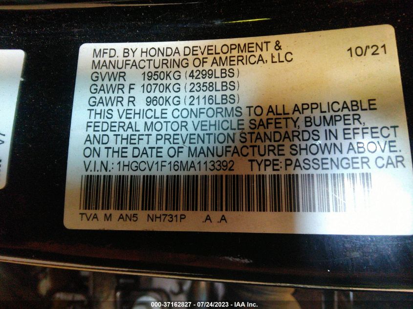 2021 HONDA ACCORD SEDAN LX - 1HGCV1F16MA113392