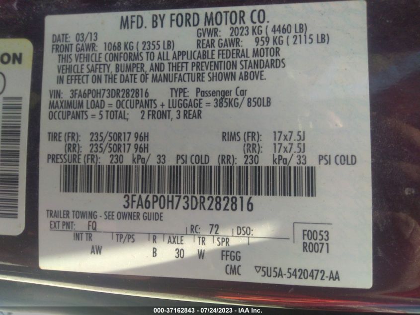 2013 FORD FUSION SE - 3FA6P0H73DR282816