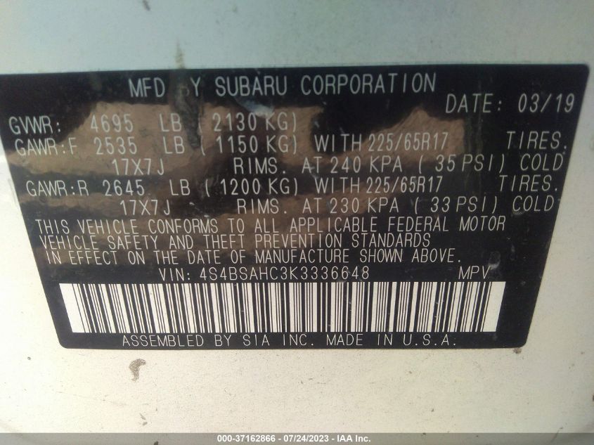 4S4BSAHC3K3336648 Subaru Outback PREMIUM 9