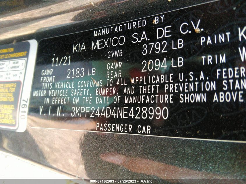 2022 KIA FORTE LXS - 3KPF24AD4NE428990