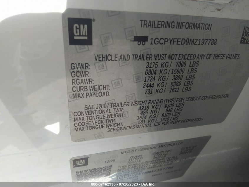 2021 CHEVROLET SILVERADO 1500 LT TRAIL BOSS - 1GCPYFED9MZ197788