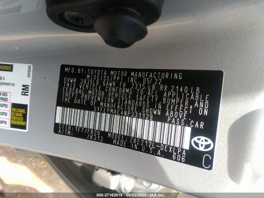 2022 TOYOTA COROLLA LE - 5YFEPMAE4NP331129