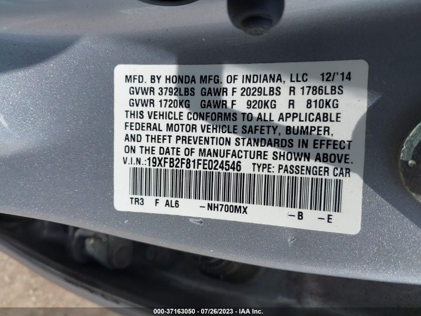 2015 HONDA CIVIC SEDAN EX - 19XFB2F81FE024546
