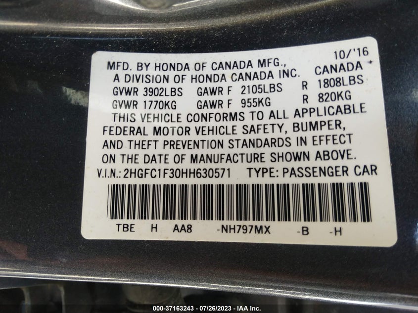 VIN 2HGFC1F30HH630571 2017 HONDA CIVIC SEDAN EX-T