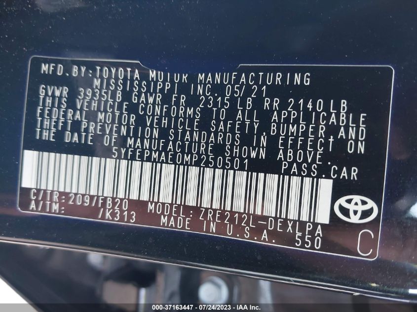 2021 TOYOTA COROLLA LE - 5YFEPMAE0MP250501