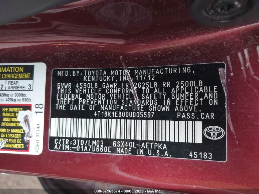 2013 TOYOTA AVALON XLE/LIMITED - 4T1BK1EB0DU005597