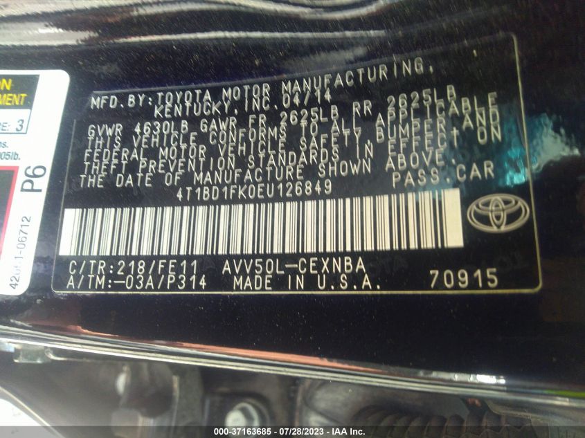 2014 TOYOTA CAMRY HYBRID - 4T1BD1FK0EU126849