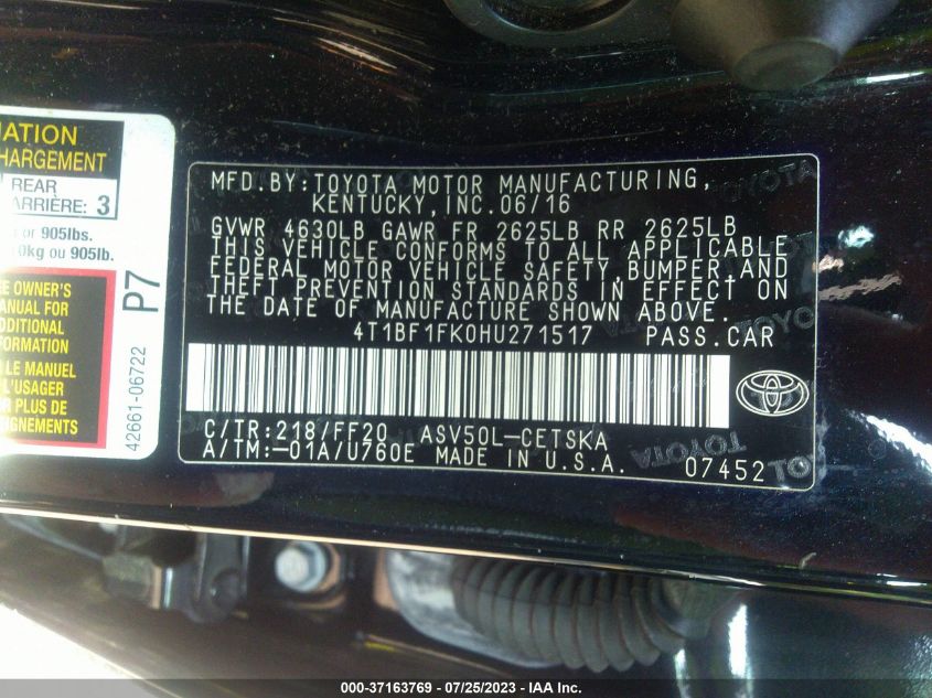 2017 TOYOTA CAMRY XLE/SE/LE/XSE - 4T1BF1FK0HU271517