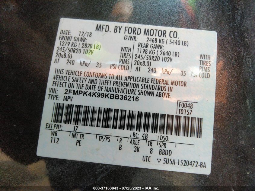 2FMPK4K99KBB36216 2019 FORD EDGE, photo no. 9