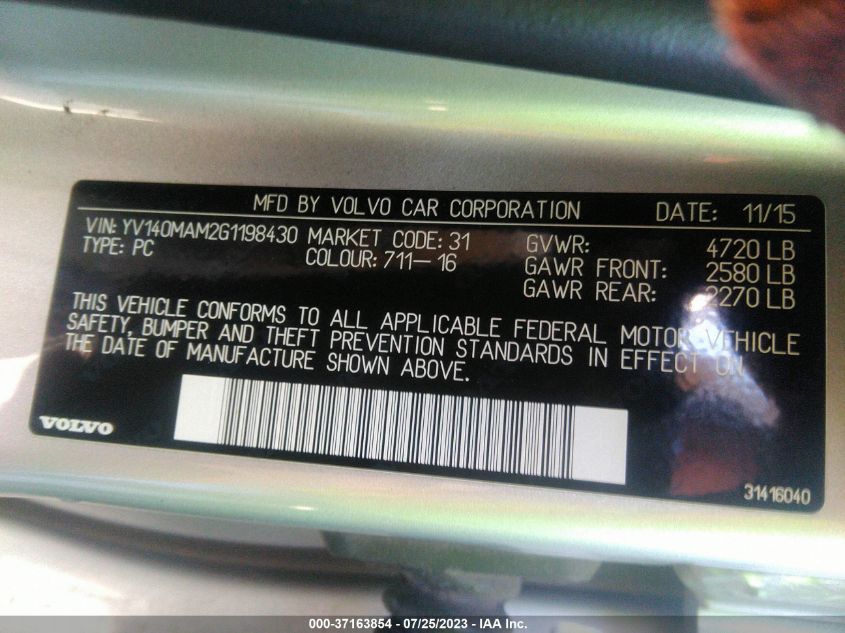 2016 VOLVO S80 T5 DRIVE-E PLATINUM YV140MAM2G1198430