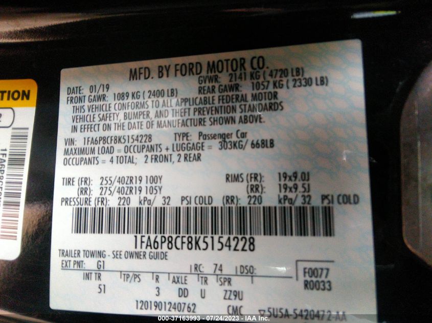 2019 FORD MUSTANG GT - 1FA6P8CF8K5154228