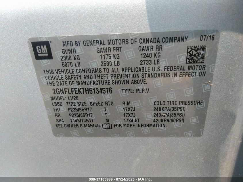 2017 CHEVROLET EQUINOX LT - 2GNFLFEK7H6134576