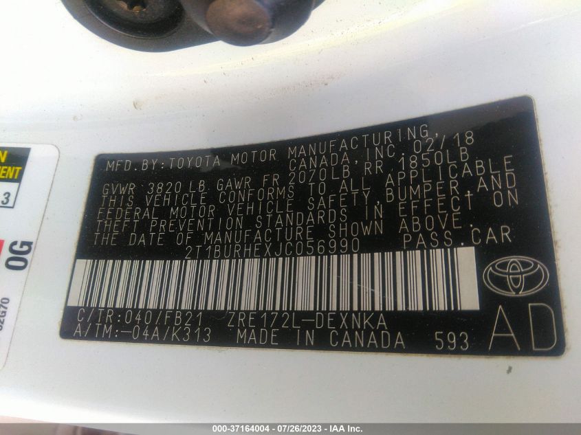 2018 TOYOTA COROLLA L/LE/XLE/SE/XSE - 2T1BURHEXJC056990