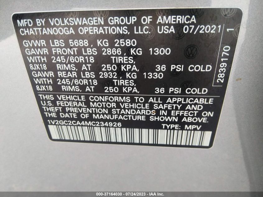 2021 VOLKSWAGEN ATLAS CROSS SPORT 2.0T S - 1V2GC2CA4MC234926