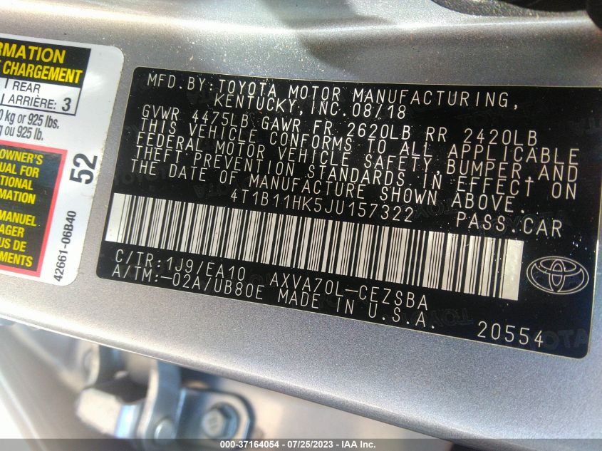 2018 TOYOTA CAMRY L/LE/XLE/SE/XSE - 4T1B11HK5JU157322