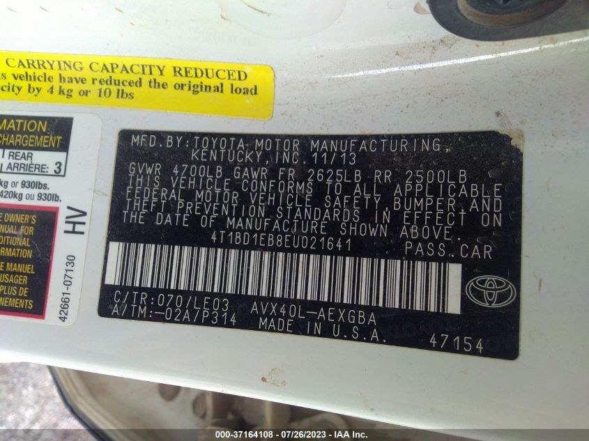 2014 TOYOTA AVALON HYBRID LIMITED/XLE TOURING 4T1BD1EB8EU021641