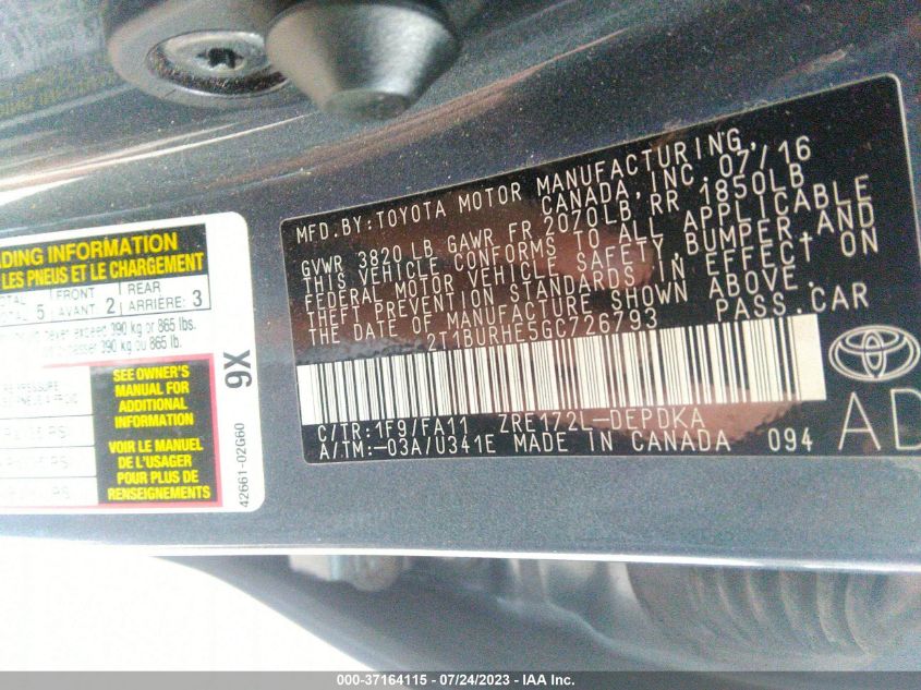 2016 TOYOTA COROLLA L/LE/S/S PLUS/LE PLUS - 2T1BURHE5GC726793