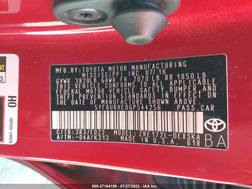 2016 TOYOTA COROLLA L/LE/S/S PLUS/LE PLUS - 5YFBURHE0GP544256