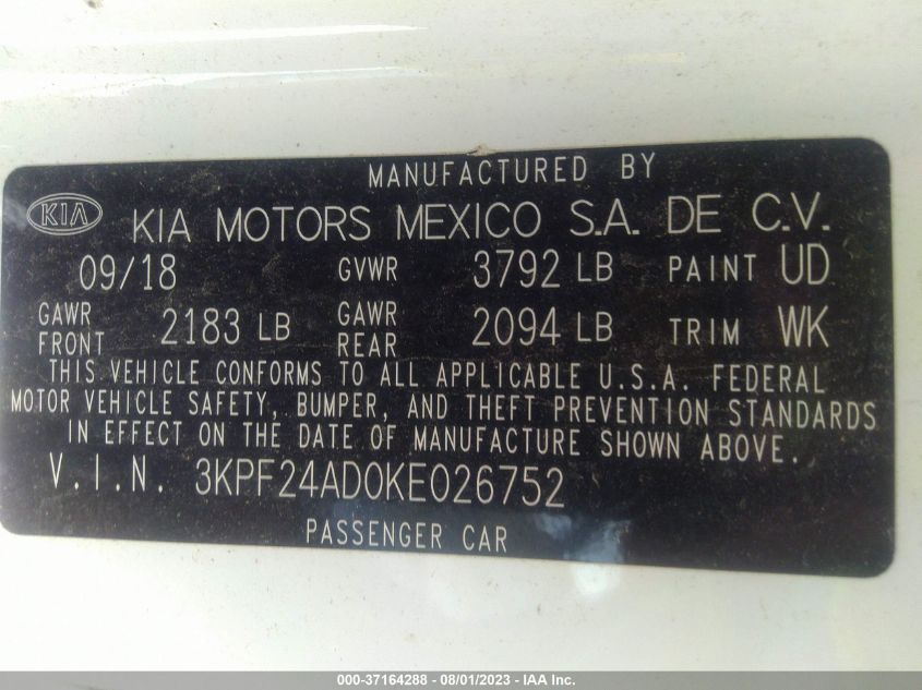 2019 KIA FORTE LXS - 3KPF24AD0KE026752