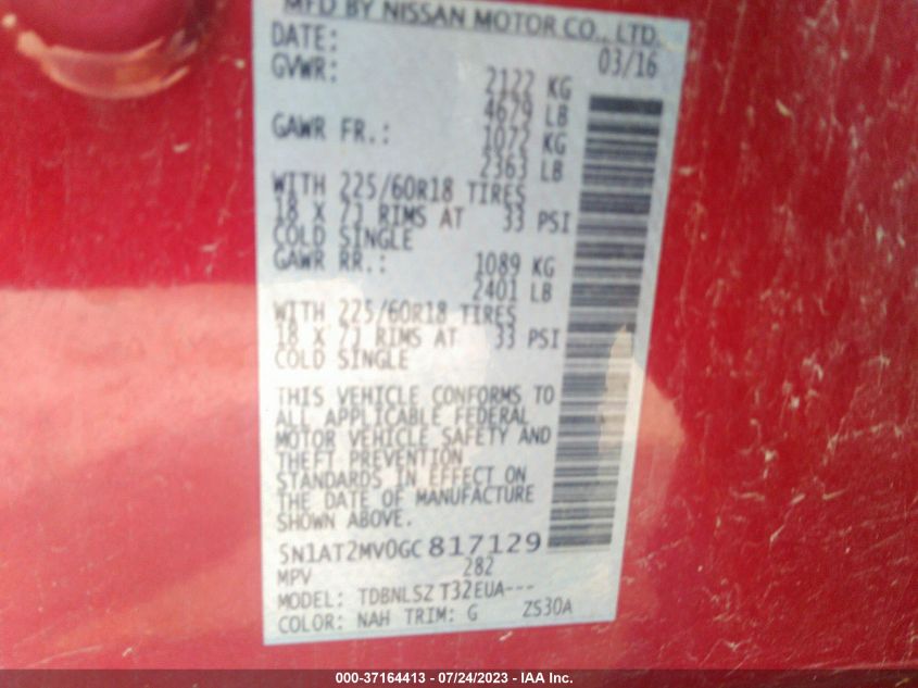 2016 NISSAN ROGUE SV/SL/S - 5N1AT2MV0GC817129
