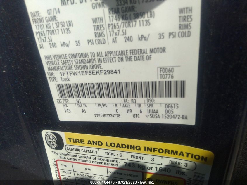 2014 FORD F-150 XL/XLT/STX/FX4/LARIAT - 1FTFW1EF5EKF29841