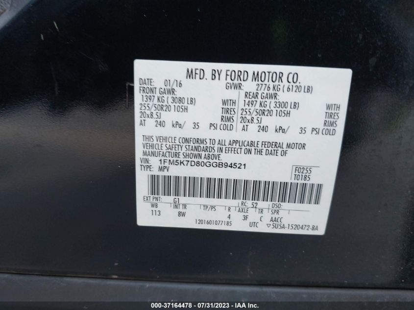 2016 FORD EXPLORER XLT - 1FM5K7D80GGB94521