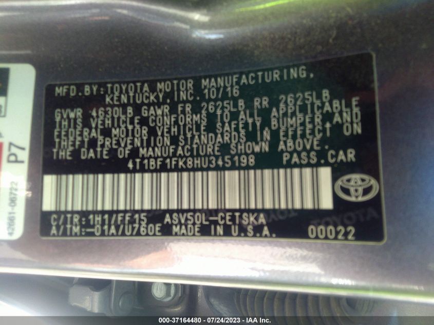 2017 TOYOTA CAMRY XLE/SE/LE/XSE - 4T1BF1FK8HU345198