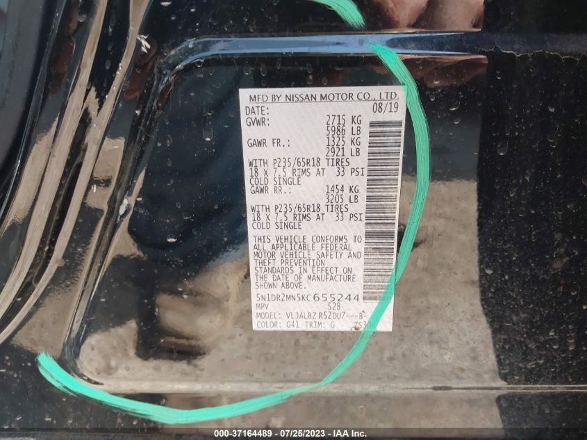 VIN 5N1DR2MN5KC655244 2019 NISSAN PATHFINDER S