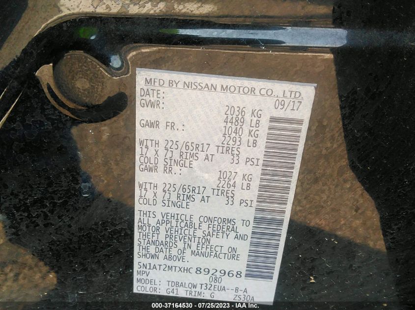 2017 NISSAN ROGUE SV - 5N1AT2MTXHC892968
