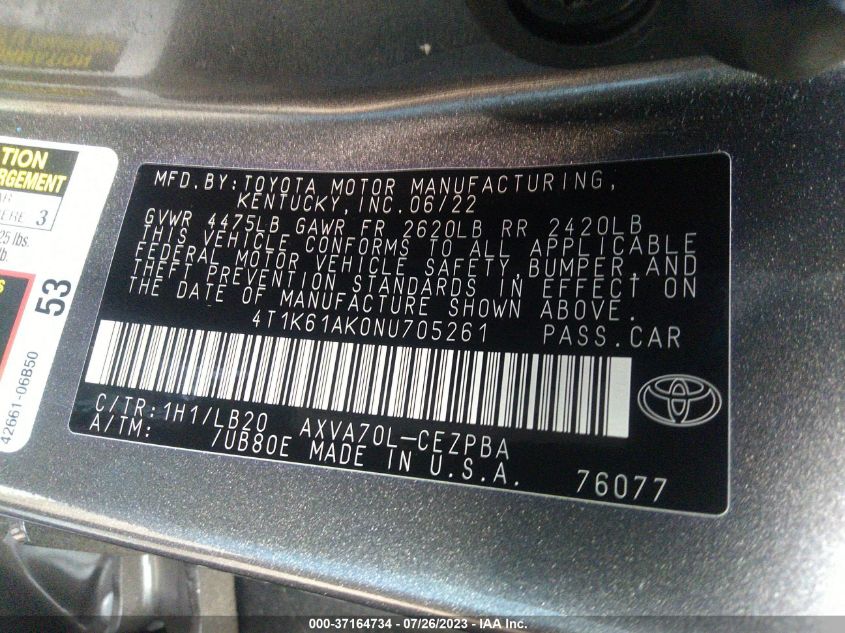 2022 TOYOTA CAMRY XSE - 4T1K61AK0NU705261