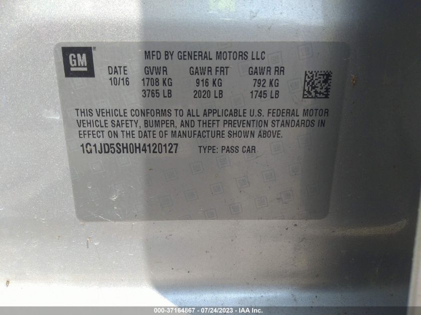 2017 CHEVROLET SONIC LT - 1G1JD5SH0H4120127