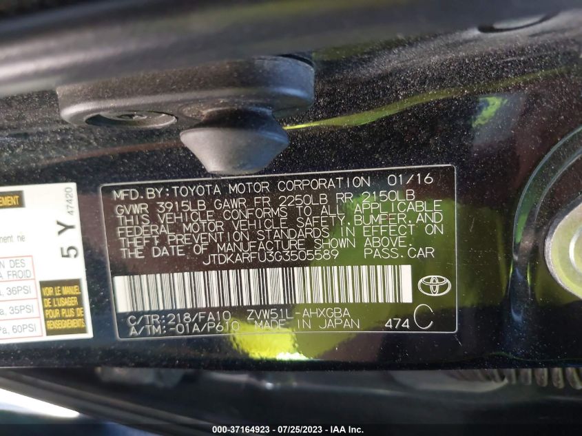 2016 TOYOTA PRIUS FOUR - JTDKARFU3G3505589