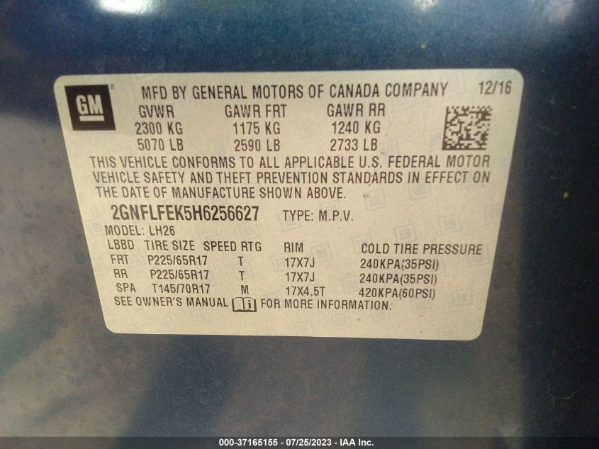 2017 CHEVROLET EQUINOX LT - 2GNFLFEK5H6256627