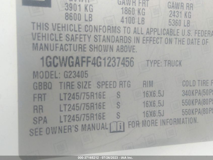2016 CHEVROLET EXPRESS CARGO VAN - 1GCWGAFF4G1237456