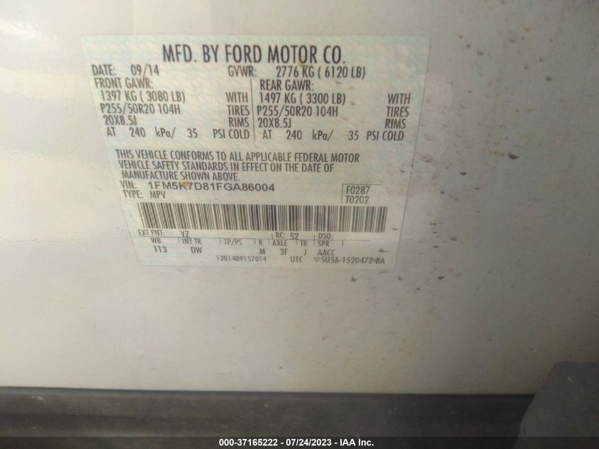 2015 FORD EXPLORER XLT - 1FM5K7D81FGA86004