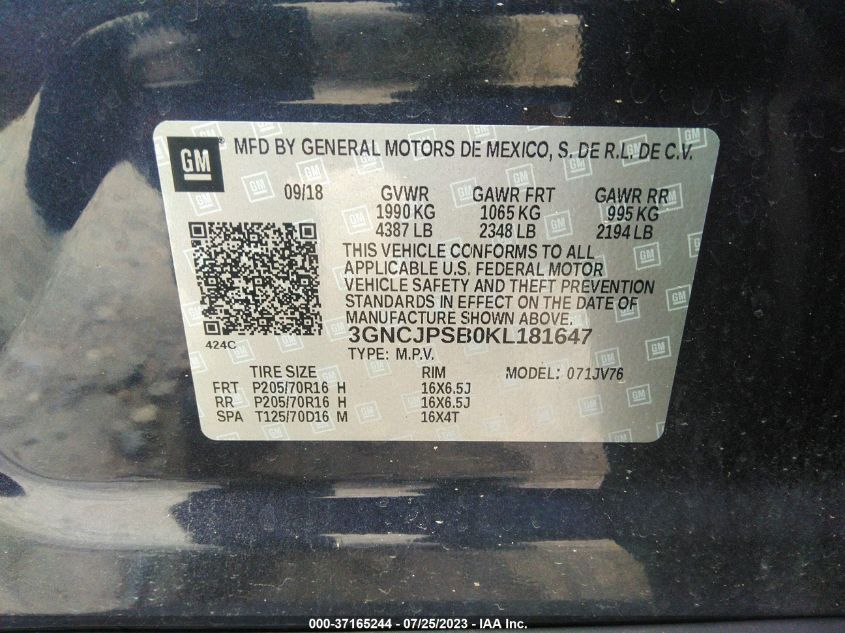 2019 CHEVROLET TRAX LT - 3GNCJPSB0KL181647