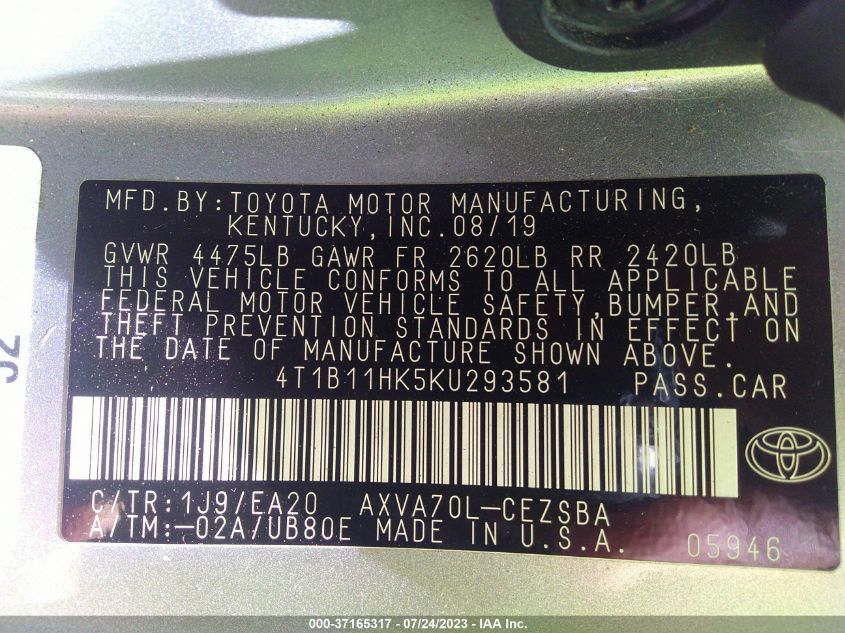 2019 TOYOTA CAMRY SE - 4T1B11HK5KU293581